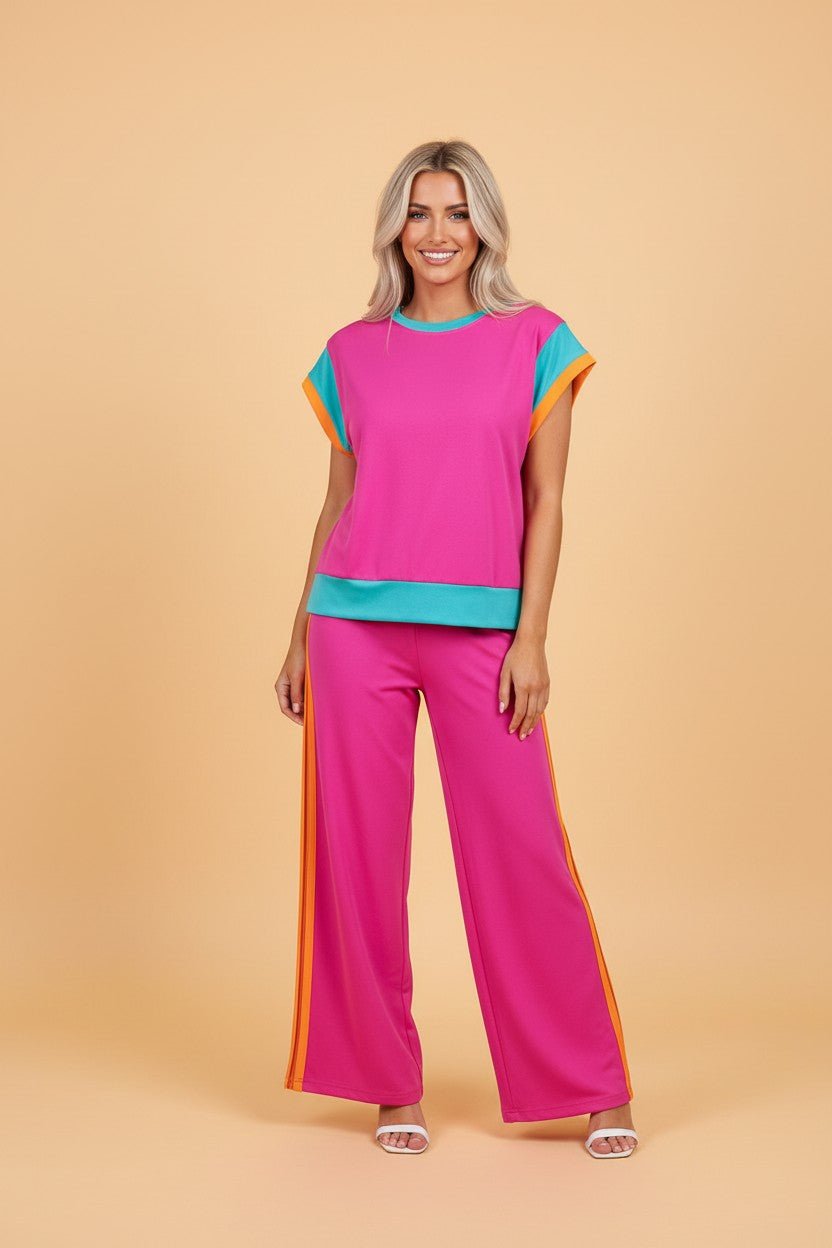 Colorblock Short Sleeve Top & Wide-Leg Pants Set - Strawberry Pink - Women's statement two-piece
