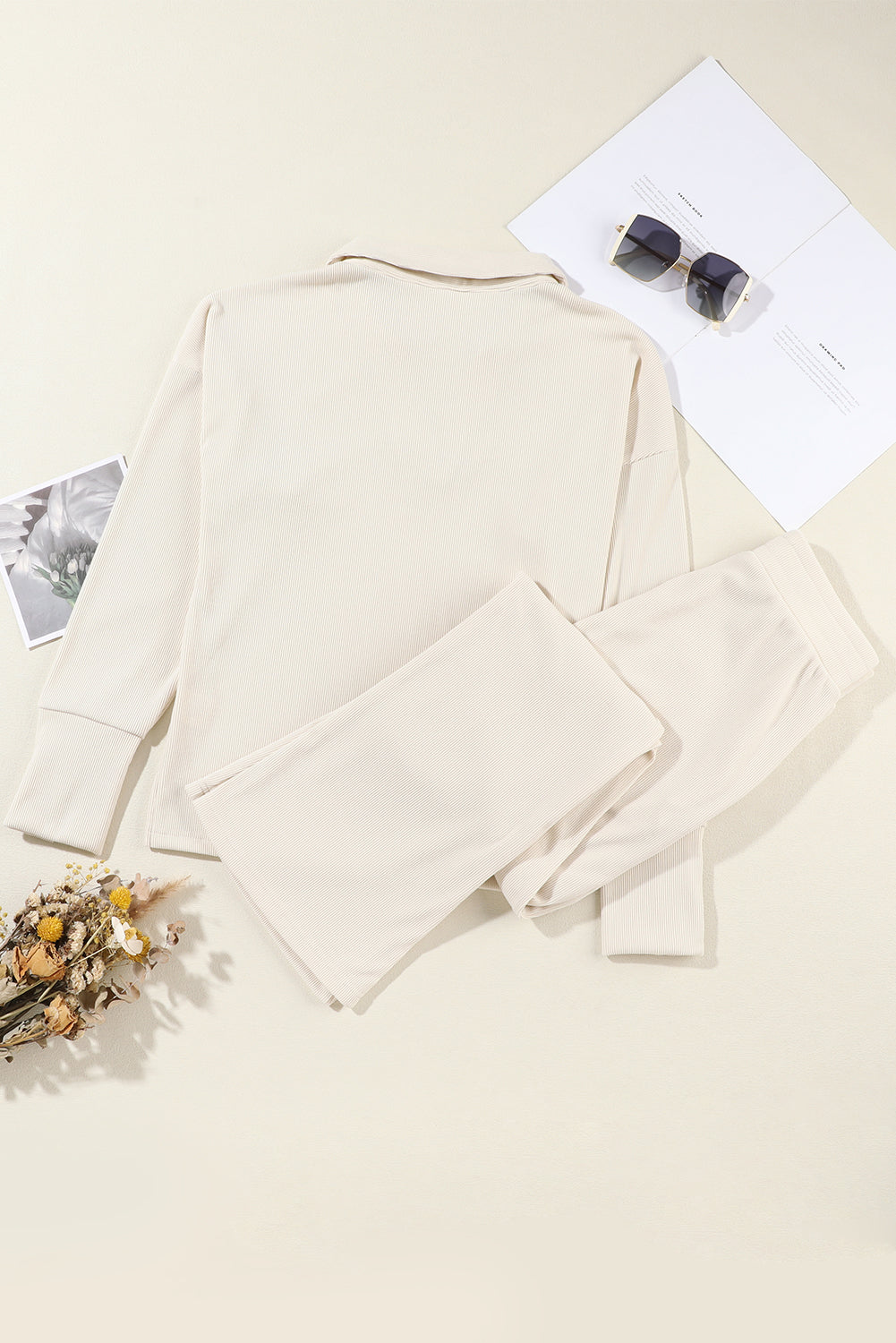 Solid Collared Pullover & Pants Set - Beige - complete set view back Women's elevated loungewear