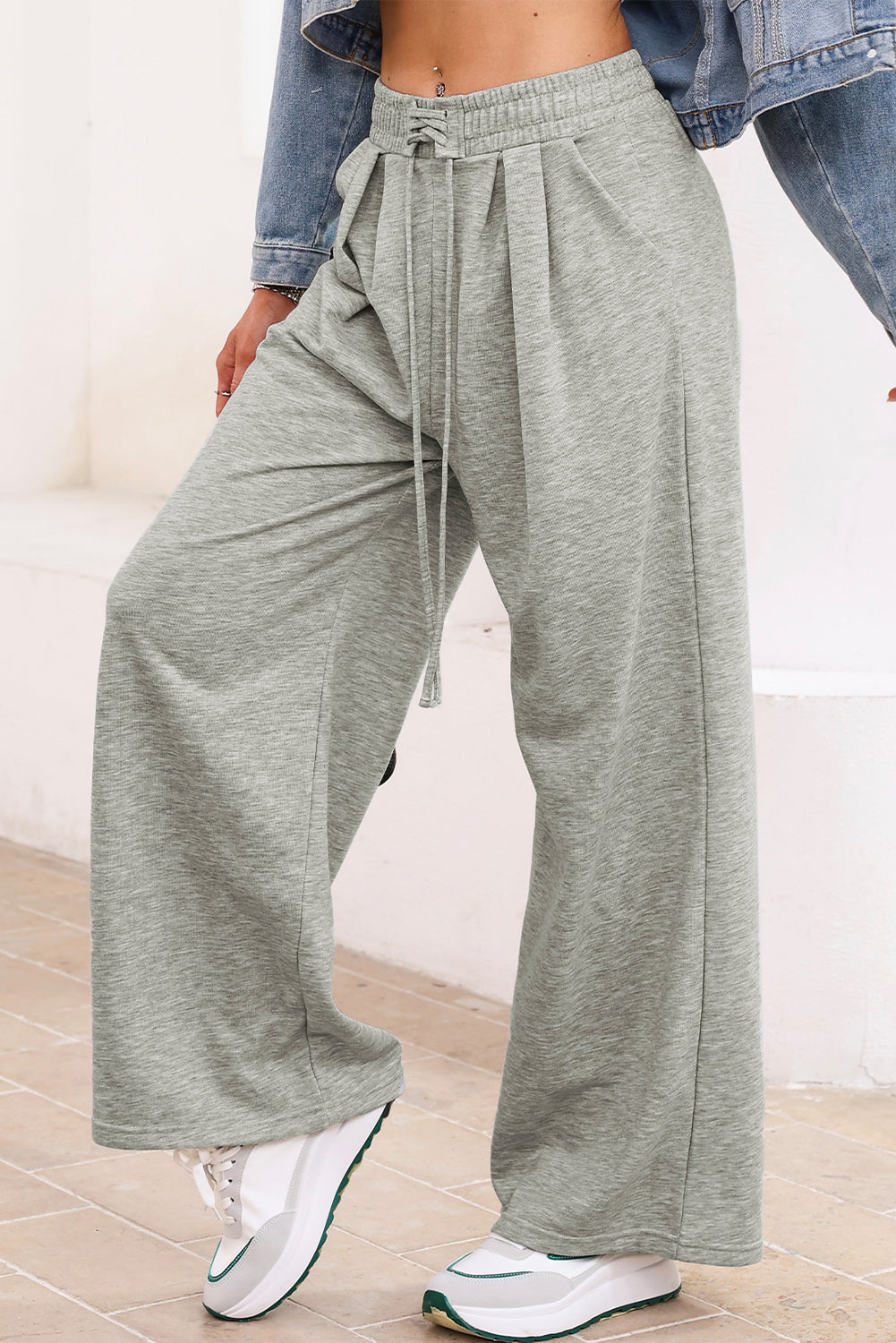 Solid High-Waist Pleated Sweatpants - Light Grey - front view Women's high-waist sweatpants