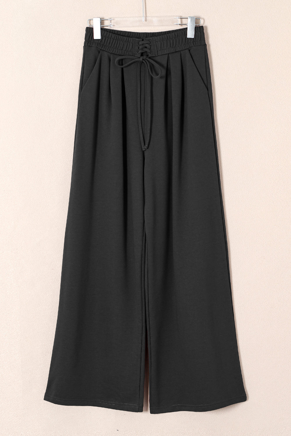 Solid High-Waist Pleated Sweatpants - Black - flat lay front view Women's lounge pants