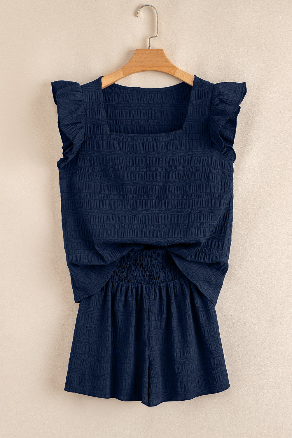 Textured Square Neck Top & High Waist Shorts Set - Navy Blue - flat lay complete set view