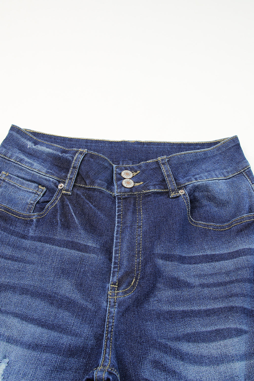 High Waist Distressed Straight Leg Jeans - Medium Blue Wash - front pocket detail distressed denim