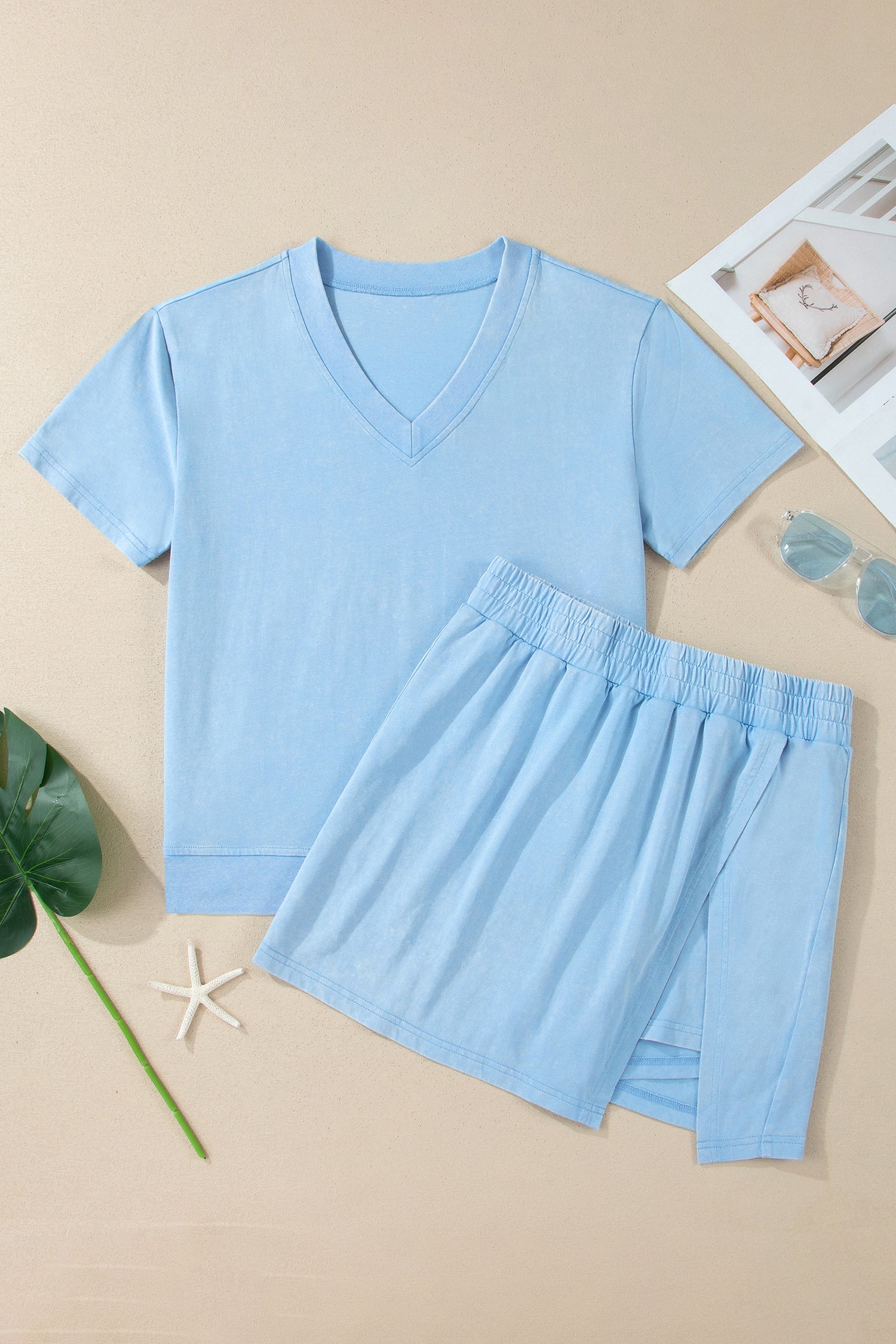Mineral Wash V-Neck Tee & Skort Set - Beau Blue - front detail view