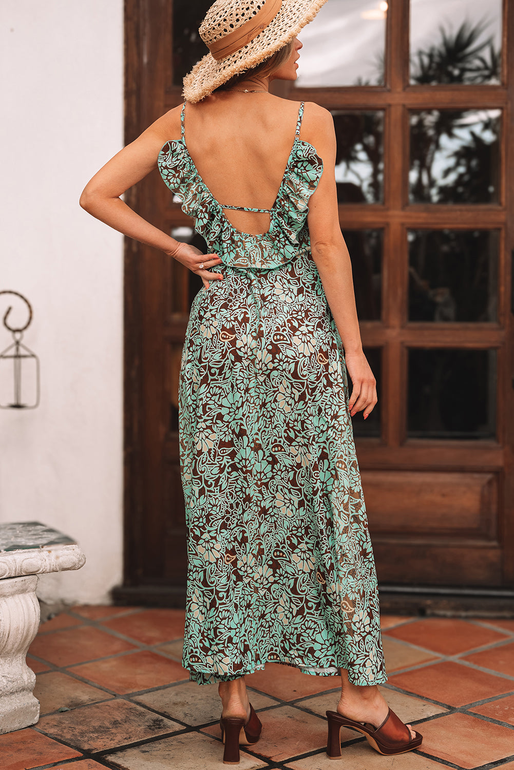 Backless Detail of Green Floral Boho Maxi Dress with Tassel Waist Tie - Women's Fashion