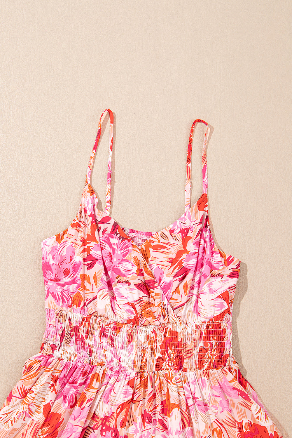 "Floral wrap V-neck dress neckline detail in Blossom Pink — adjustable strap summer dress Freedom Fulfillment"