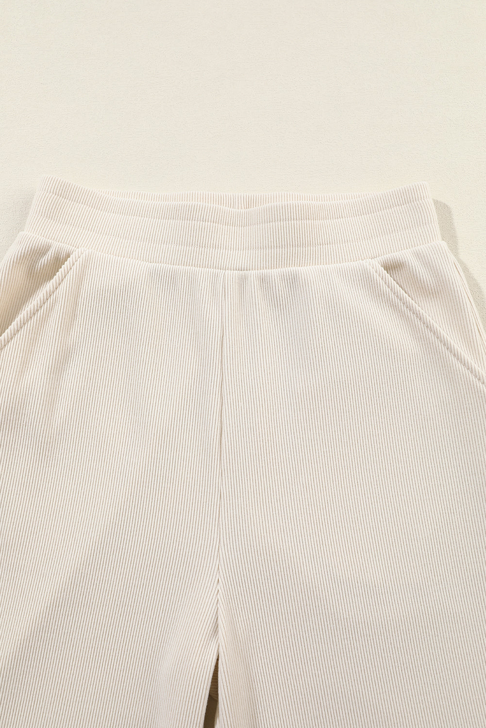 Solid Collared Pullover & Pants Set - Beige - drawstring pants detail Women's premium lounge wear