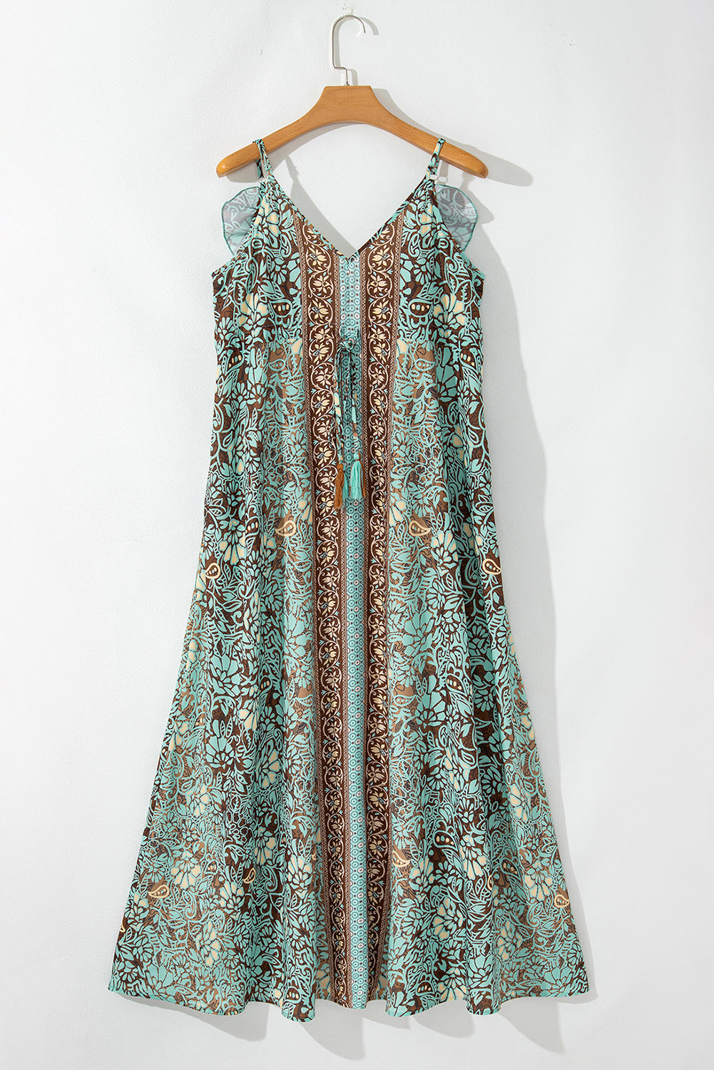Green Boho Floral Dress with Tassel Waist and V-Neckline - Women's Beach Vacation Look