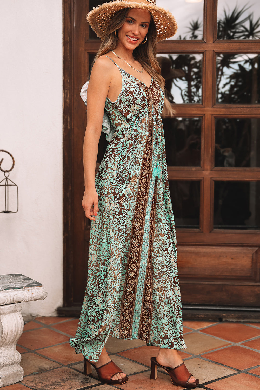 Women's Green Floral Maxi Dress with V-Neck and Ruffle Trim - Vacation Outfit