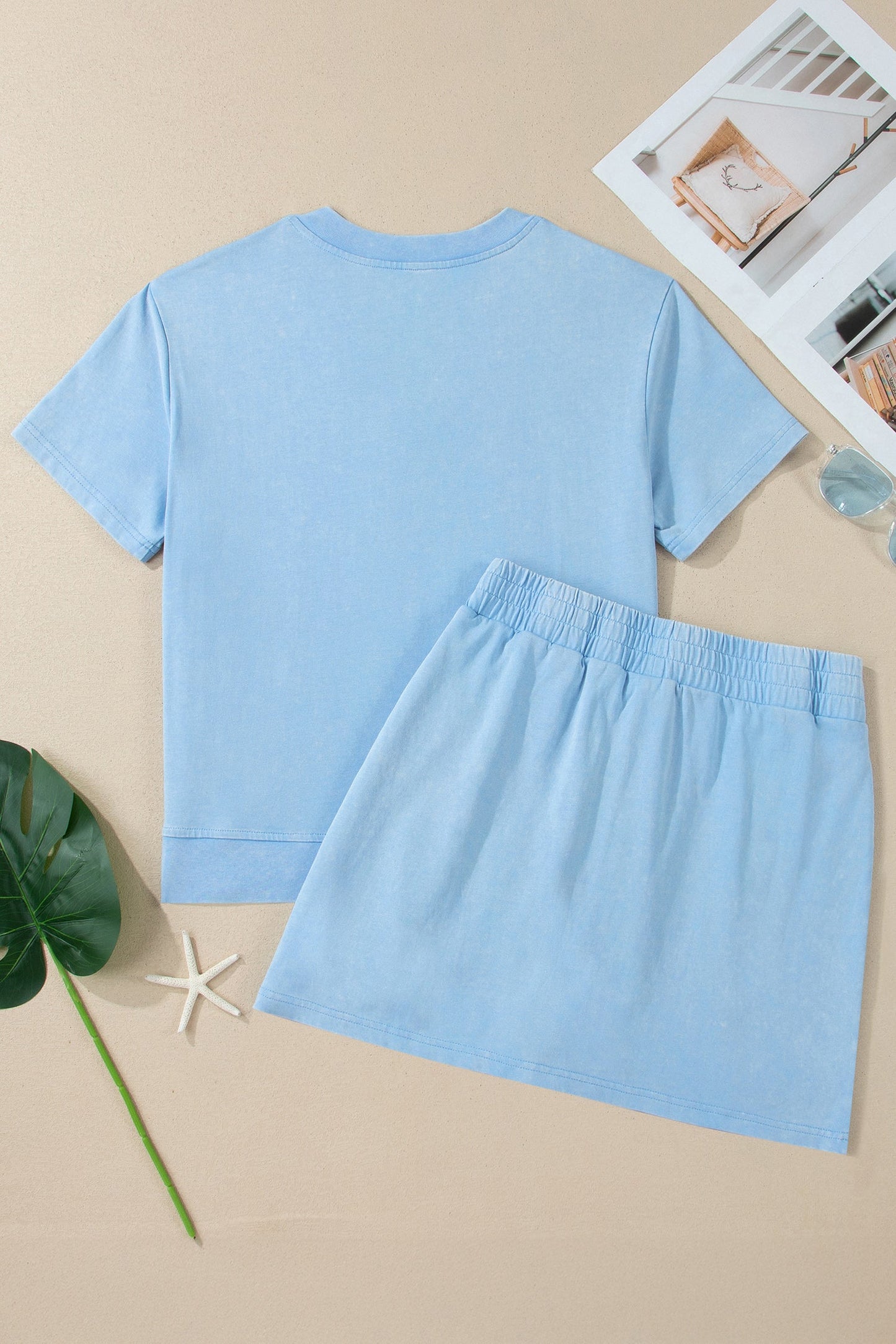 Mineral Wash V-Neck Tee & Skort Set - Beau Blue - Women's Two-Piece Summer Co-ord