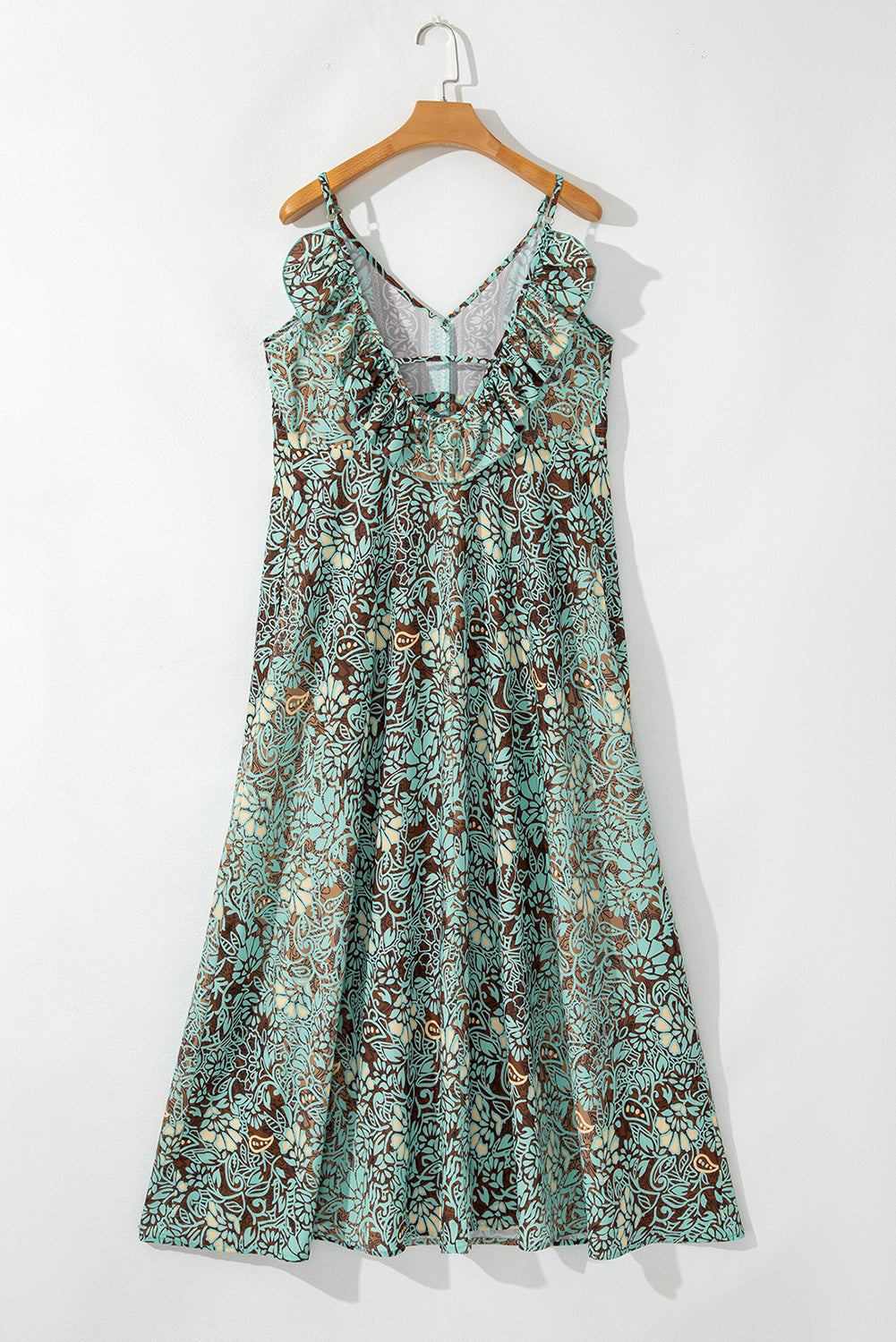 Open Back Detail of Women's Green Floral Ruffle Maxi Dress - Boho Chic Style