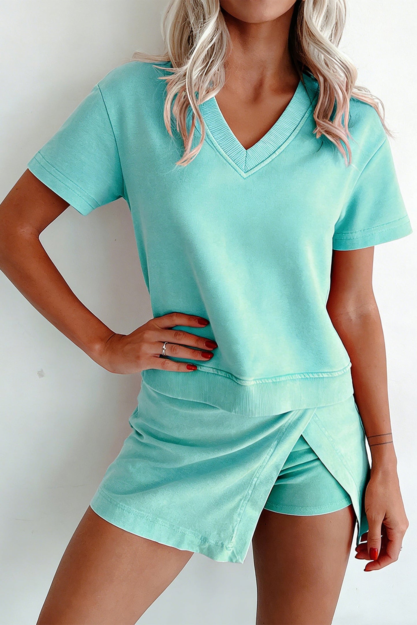 Mineral Wash V-Neck Tee & Skort Set - Mint Green - front view