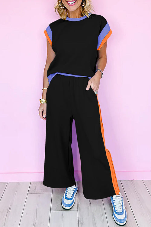 Colorblock Short Sleeve Top & Wide-Leg Pants Set - Black - Women's elegant wide-leg set