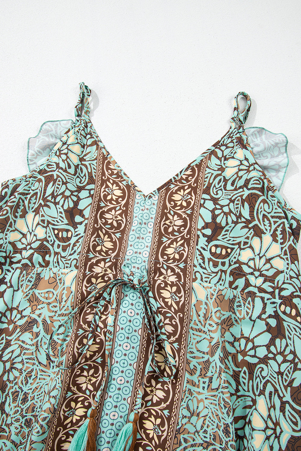 Tassel Waist Tie Detail on Green Floral Backless Maxi Dress - Bohemian Women's Dress