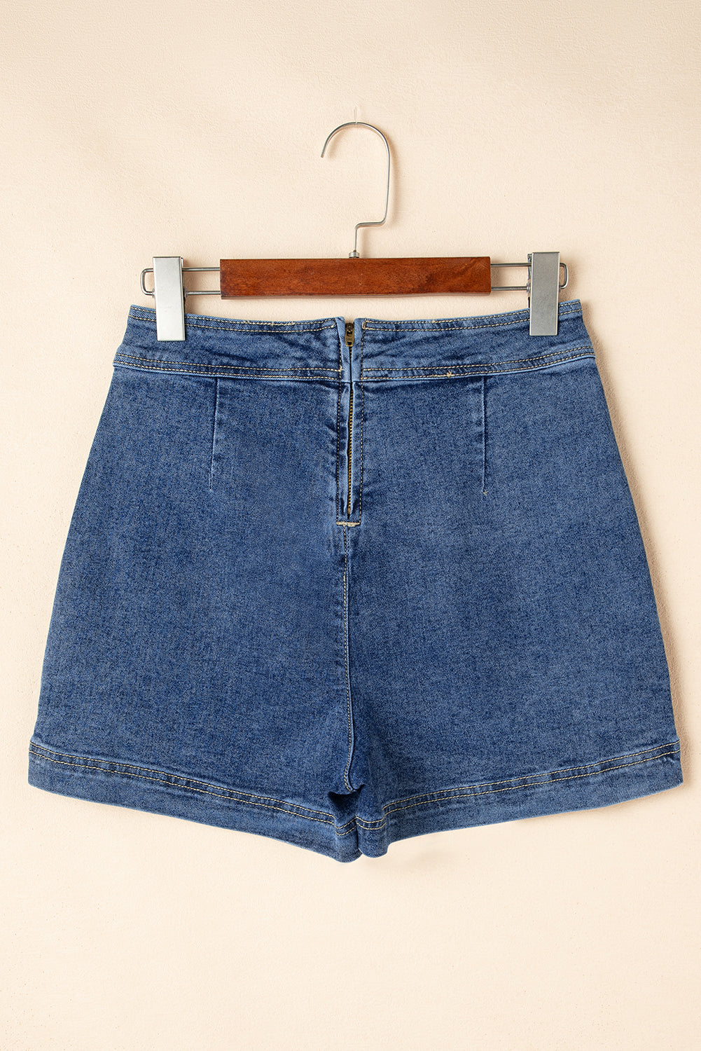 "Denim faux wrap skort back view — women's mini skirt with built-in shorts Freedom Fulfillment"