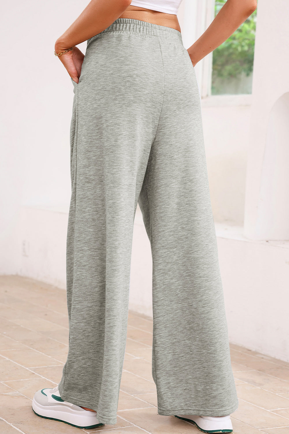 Solid High-Waist Pleated Sweatpants - Light Grey - back view Women's cozy lounge pants