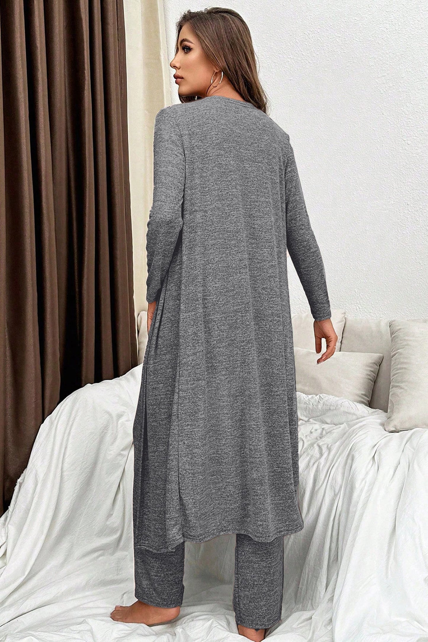 "Steel Blue Grey duster cardigan lounge set full look — soft knit 3-piece women's set Freedom Fulfillment"
