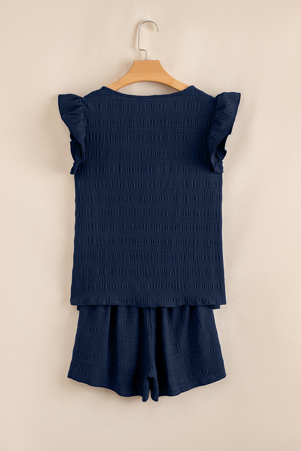 Textured Square Neck Top & High Waist Shorts Set - Navy Blue - back view complete set flat lay
