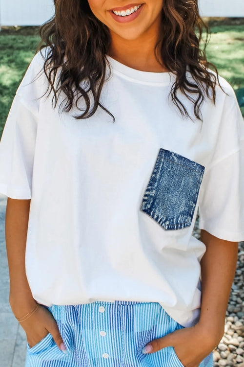 Colorblock Chest Pocket Short Sleeve Top — Women's Casual Everyday Tee