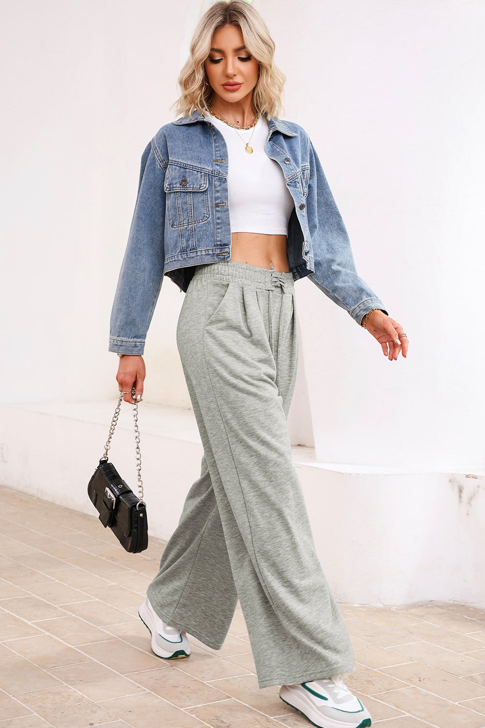 Solid High-Waist Pleated Sweatpants - Light Grey - front view Women's pleated casual pants