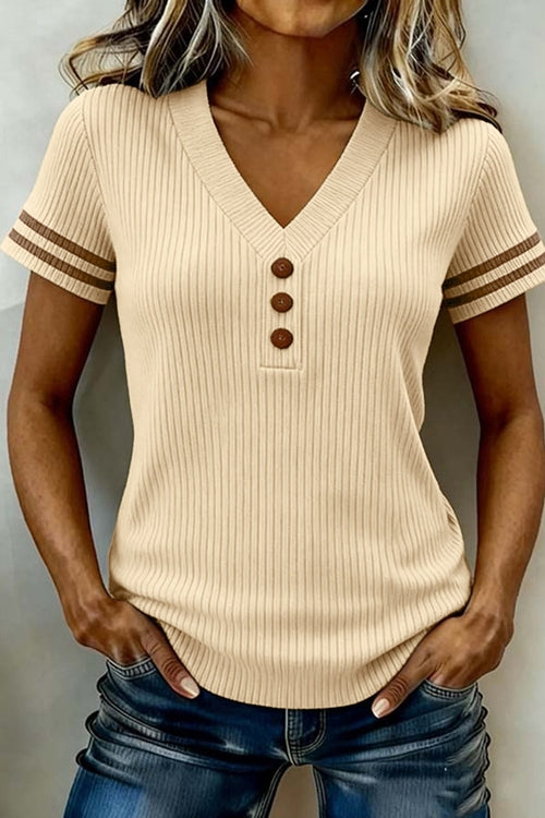 Stripe Contrast Short Sleeve Ribbed V-Neck Sweater - Beige - detail view