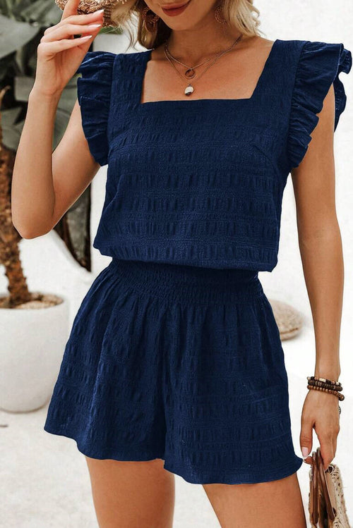 Textured Square Neck Top & High Waist Shorts Set - Navy Blue - front view Freedom Fulfillment Women's fashion