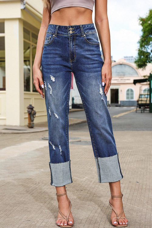 High Waist Distressed Straight Leg Jeans - Medium Blue Wash - front view Freedom Fulfillment Women's fashion
