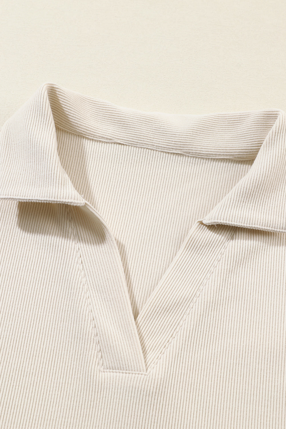 Solid Collared Pullover & Pants Set - Beige - collared pullover top detail Women's ribbed fabric