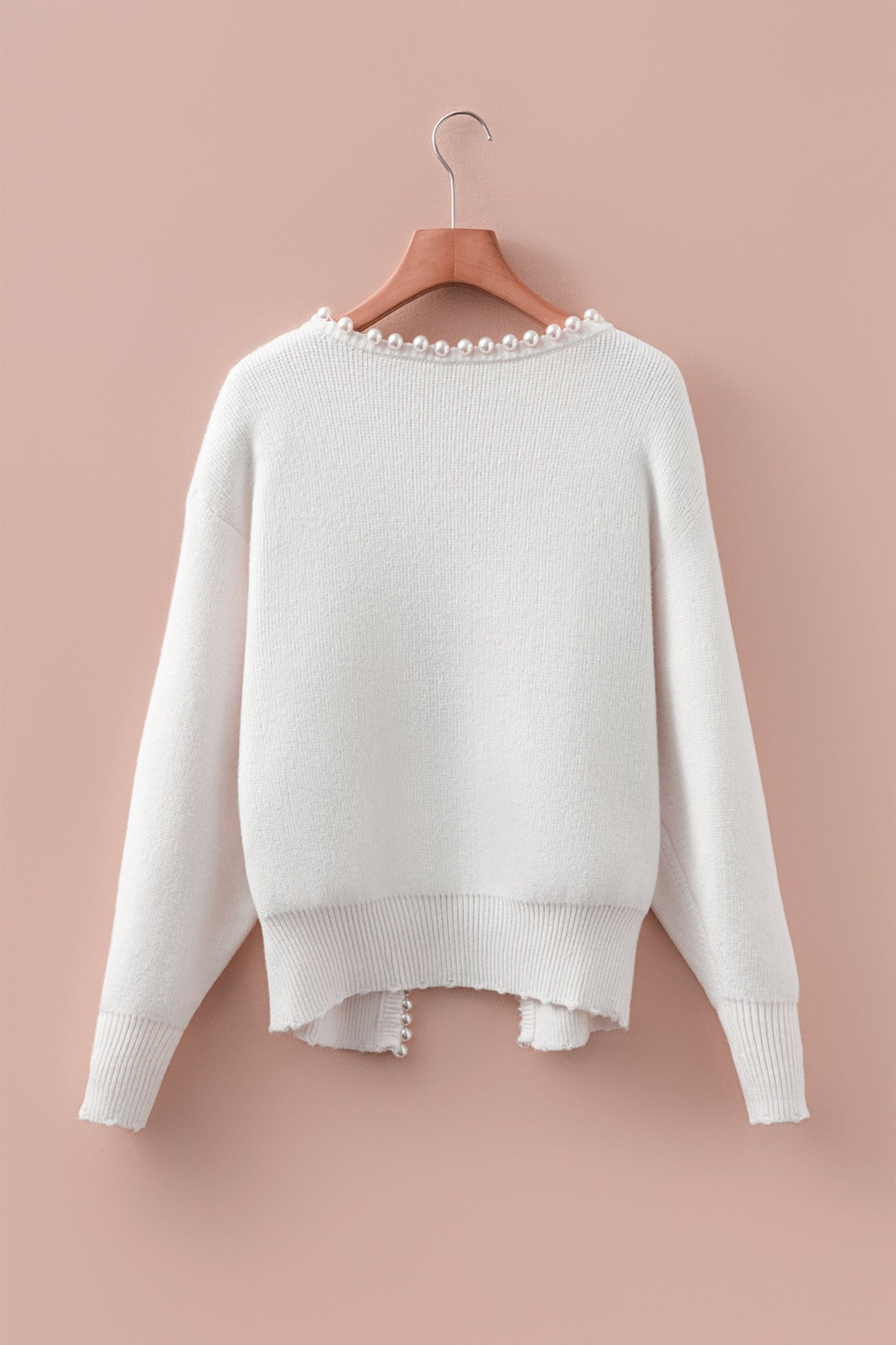 "Freedom Fulfillment white cardigan with pearl embellishments — women's premium layering piece"