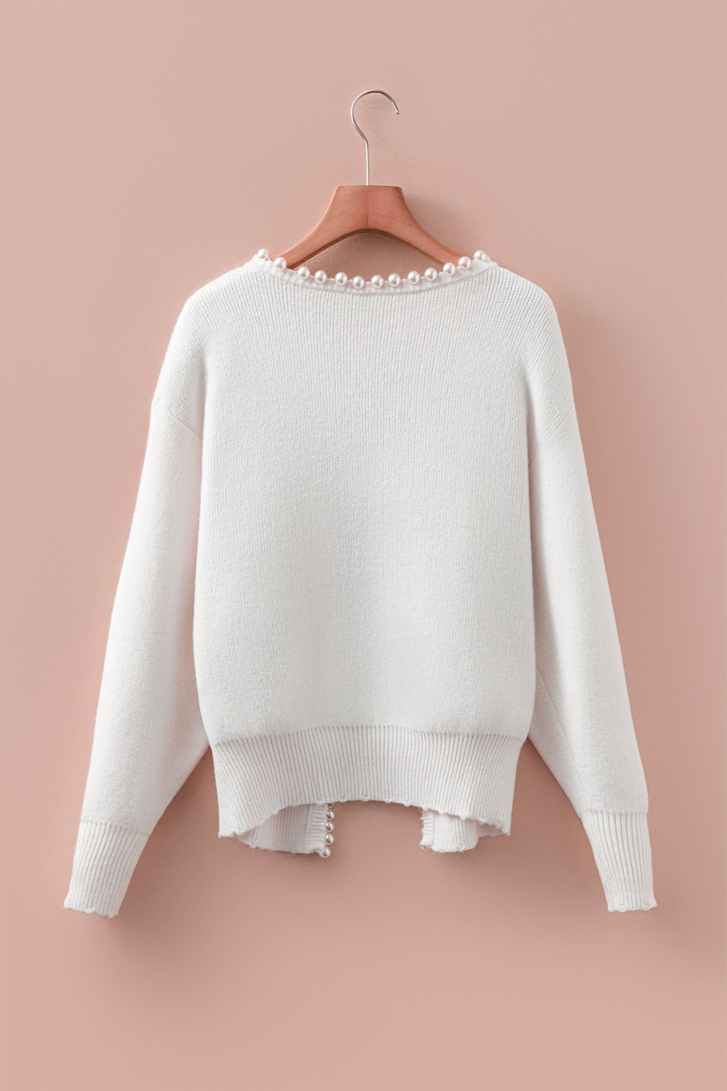 "Freedom Fulfillment white cardigan with pearl embellishments — women's premium layering piece"