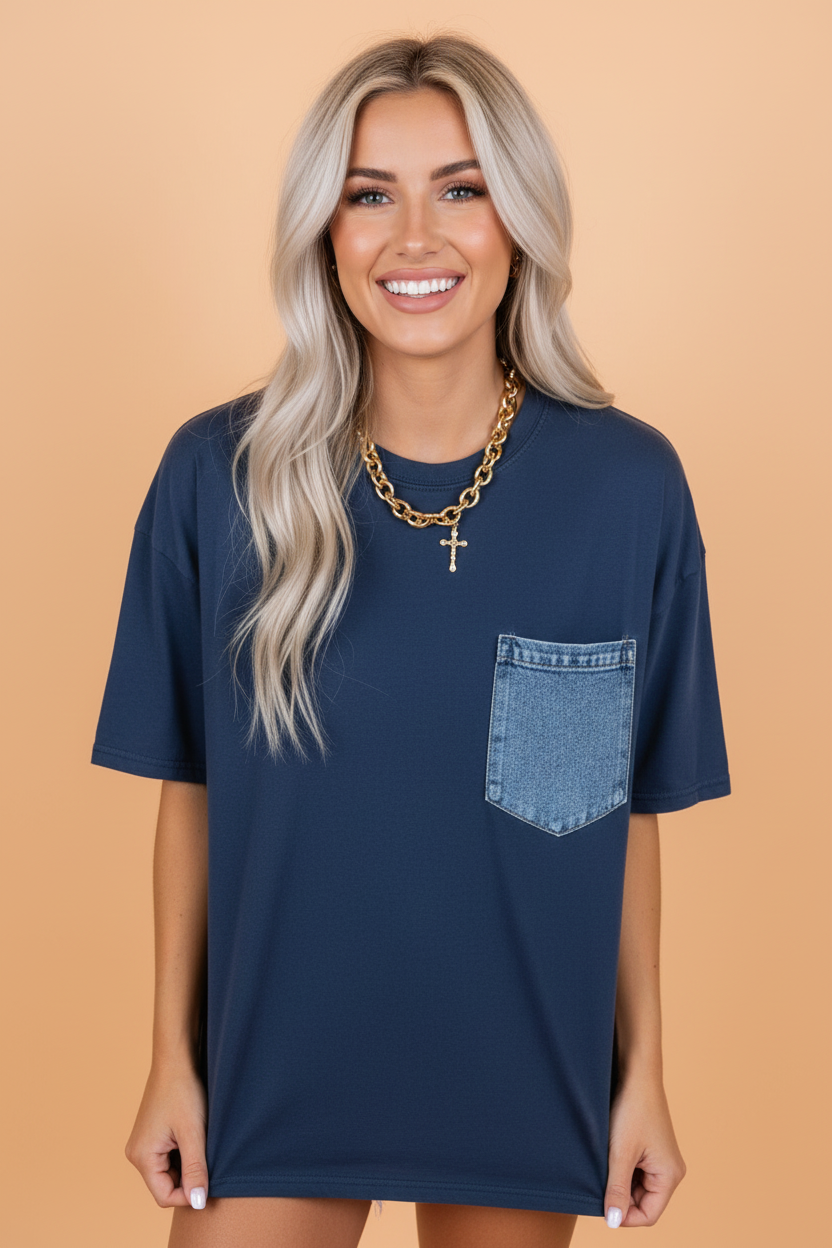 Colorblock Chest Pocket Short Sleeve Top - Navy Blue - Women's Casual Everyday Tee front view with chest pocket