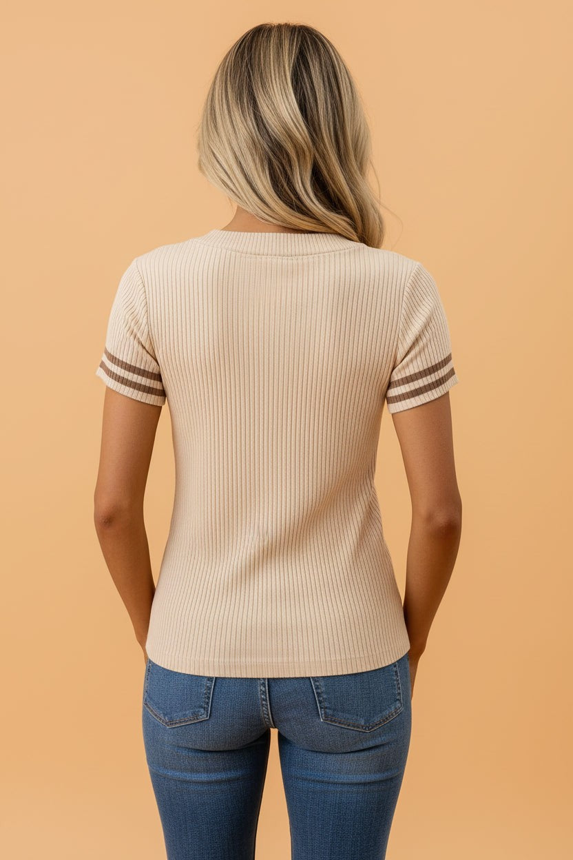 Stripe Contrast Short Sleeve Ribbed V-Neck Sweater - Beige - side view