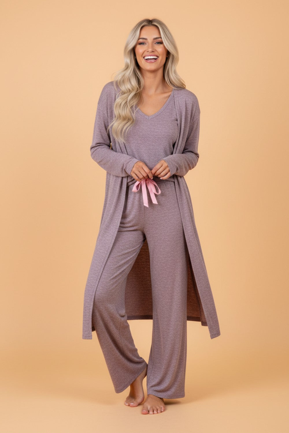 "3-piece duster cardigan lounge set in Dusty Mauve — women's premium knit matching set by Freedom Fulfillment"