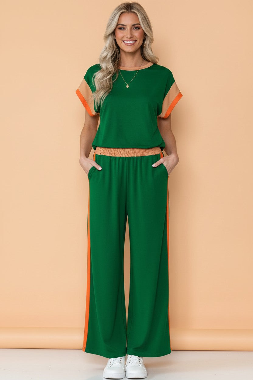 Colorblock Short Sleeve Top & Wide-Leg Pants Set - Dark Green - Women's chic co-ord set