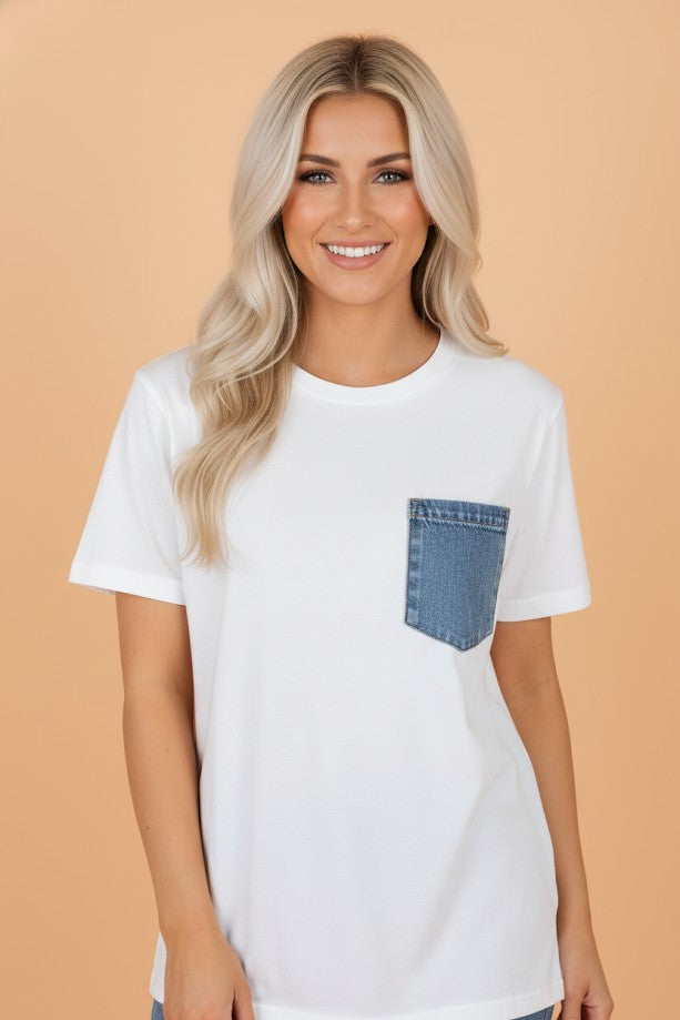 Colorblock Chest Pocket Short Sleeve Top - White - front view with chest pocket Women's everyday tee