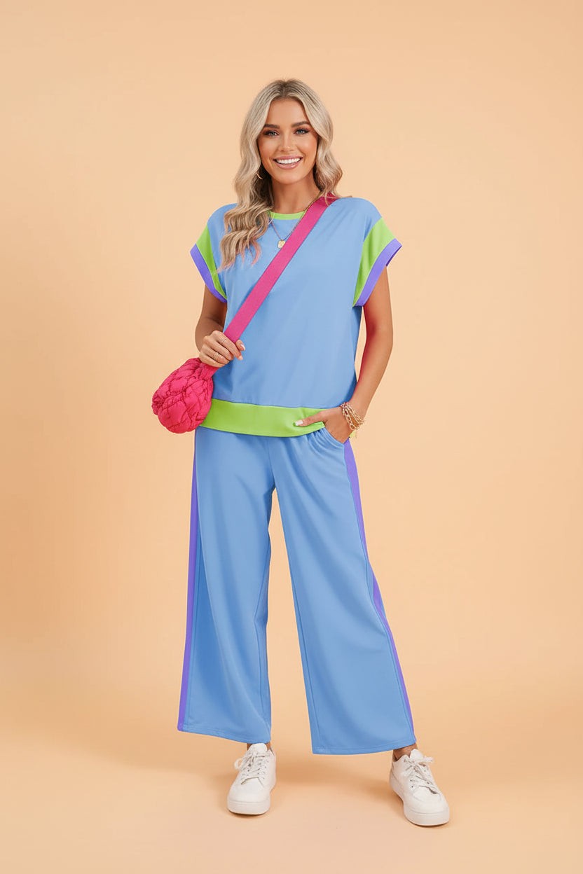 Colorblock Short Sleeve Top & Wide-Leg Pants Set - Sky Blue - Women's premium casual outfit