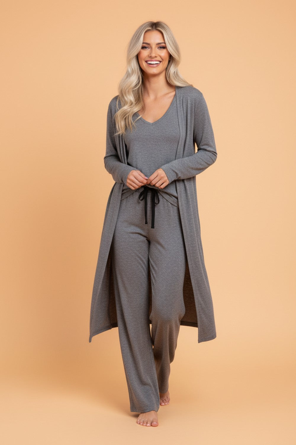 "3-piece duster cardigan lounge set in Steel Blue Grey — women's premium knit matching set by Freedom Fulfillment"