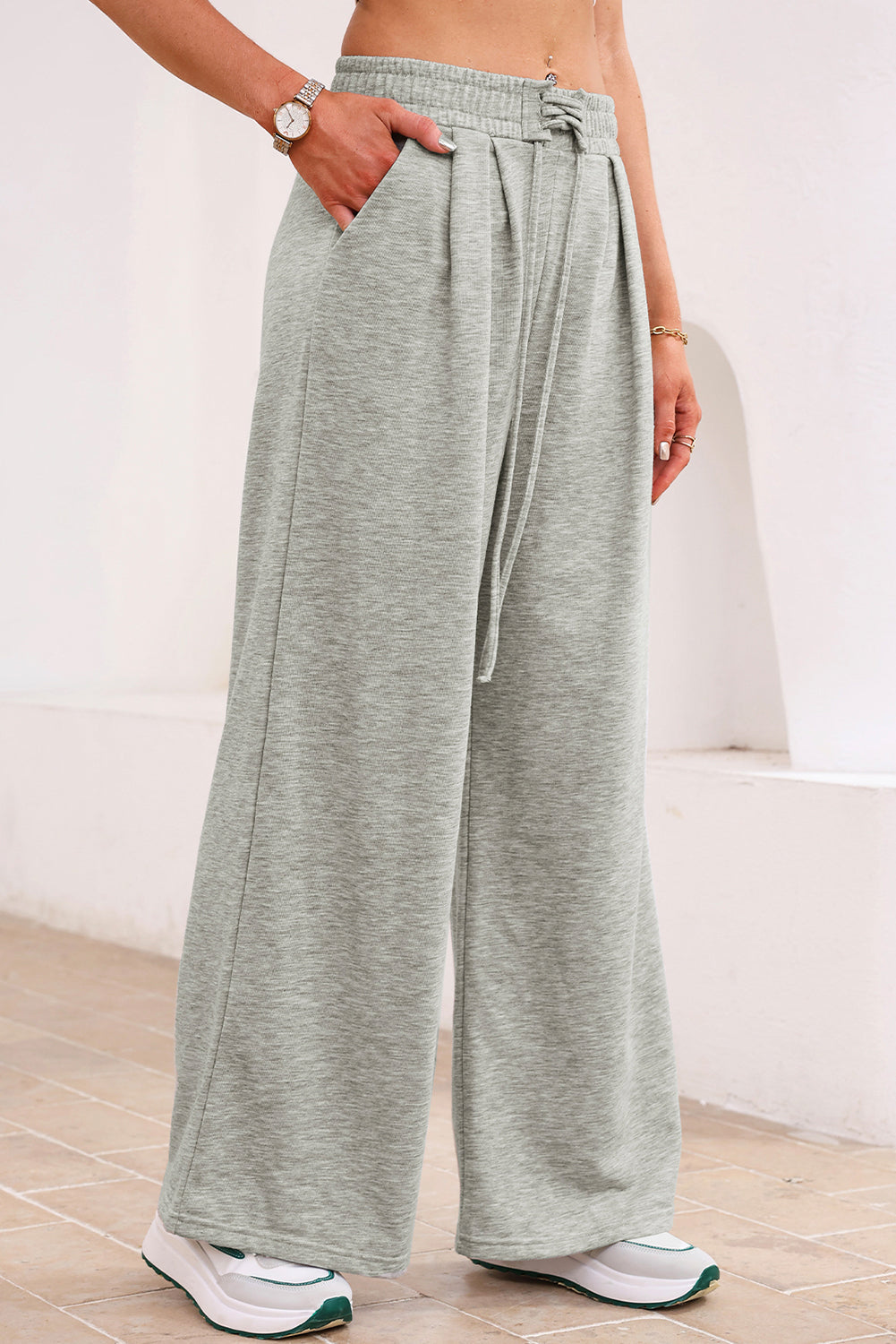 Solid High-Waist Pleated Sweatpants - Light Grey - front view Women's elevated loungewear