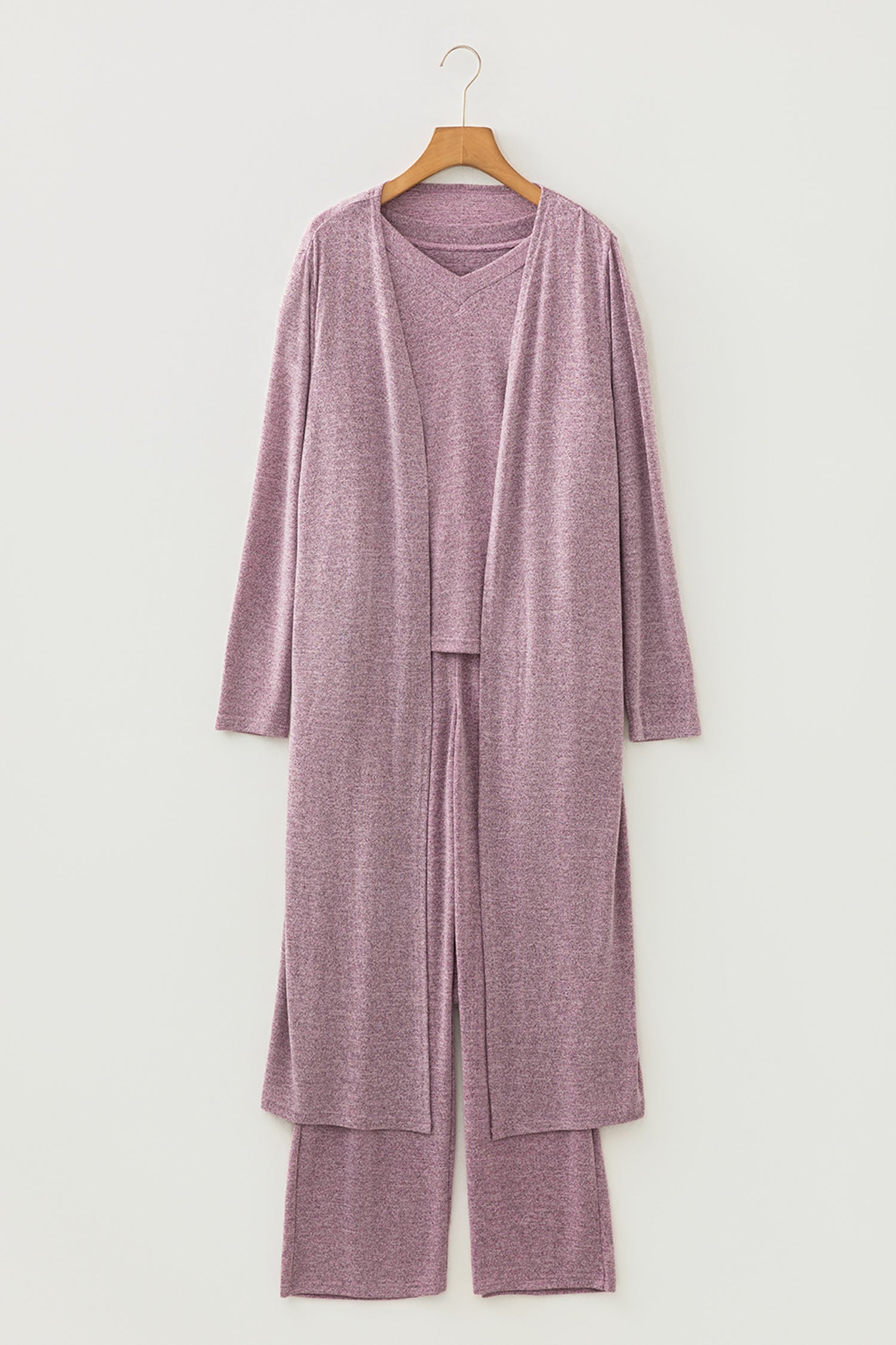 "Dusty Mauve cardigan lounge set front view — soft feminine 3-piece matching set Freedom Fulfillment"