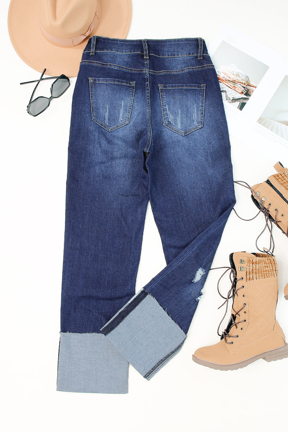 High Waist Distressed Straight Leg Jeans - Medium Blue Wash - flat lay back view Women's straight leg denim
