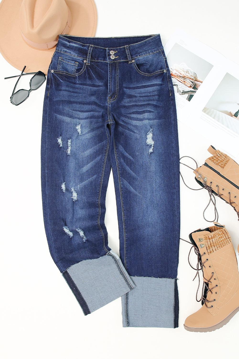 High Waist Distressed Straight Leg Jeans - Medium Blue Wash - flat lay front view Women's denim
