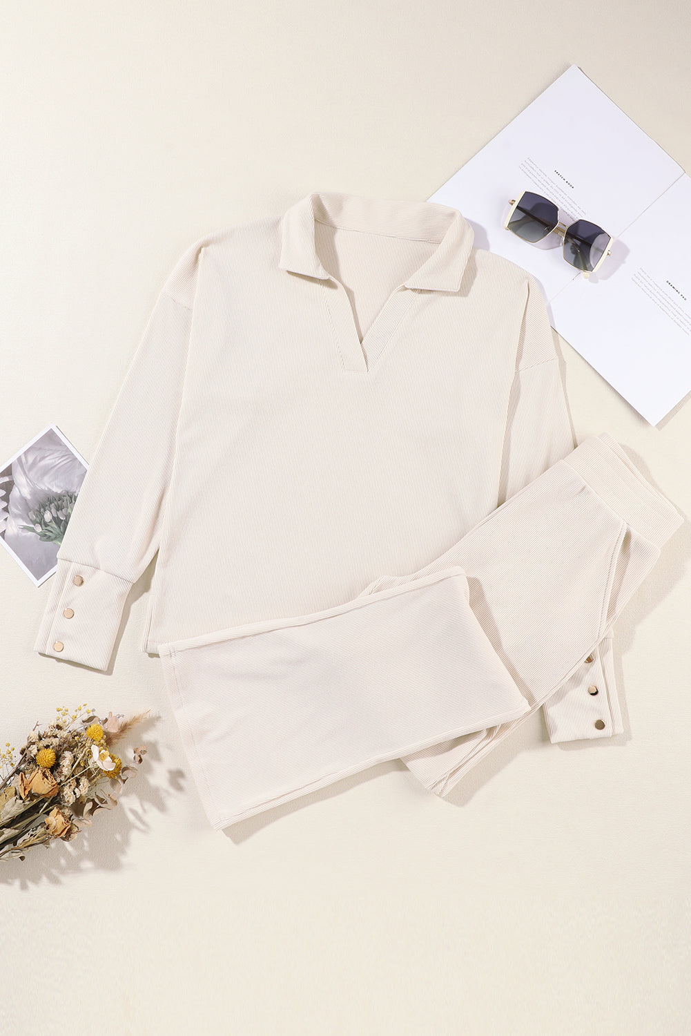 Solid Collared Pullover & Pants Set - Beige - flat lay Women's two-piece ribbed outfit