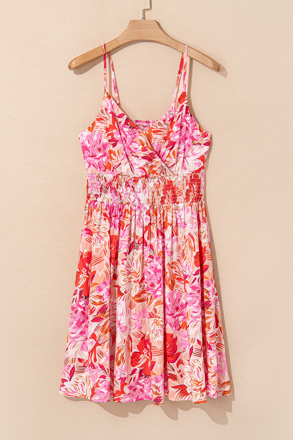 "Pink floral wrap dress on hanger — women's summer mini dress by Freedom Fulfillment"