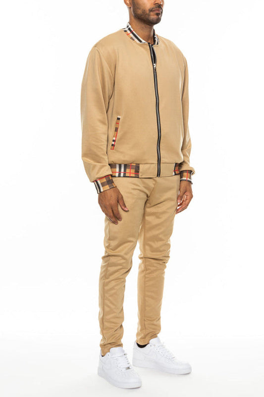 Checkered Detail Track Jacket Set - Khaki